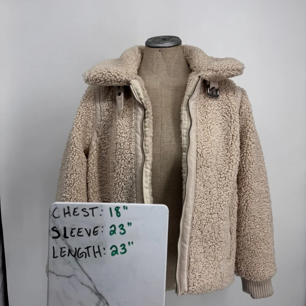 Banana Republic Sherpa Jacket Women Medium Cream Moto Teddy Faux Fur Zip Up